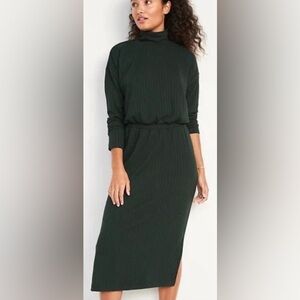 New Old Navy Waist-Defined Rib-Knit Turtleneck Green Dress